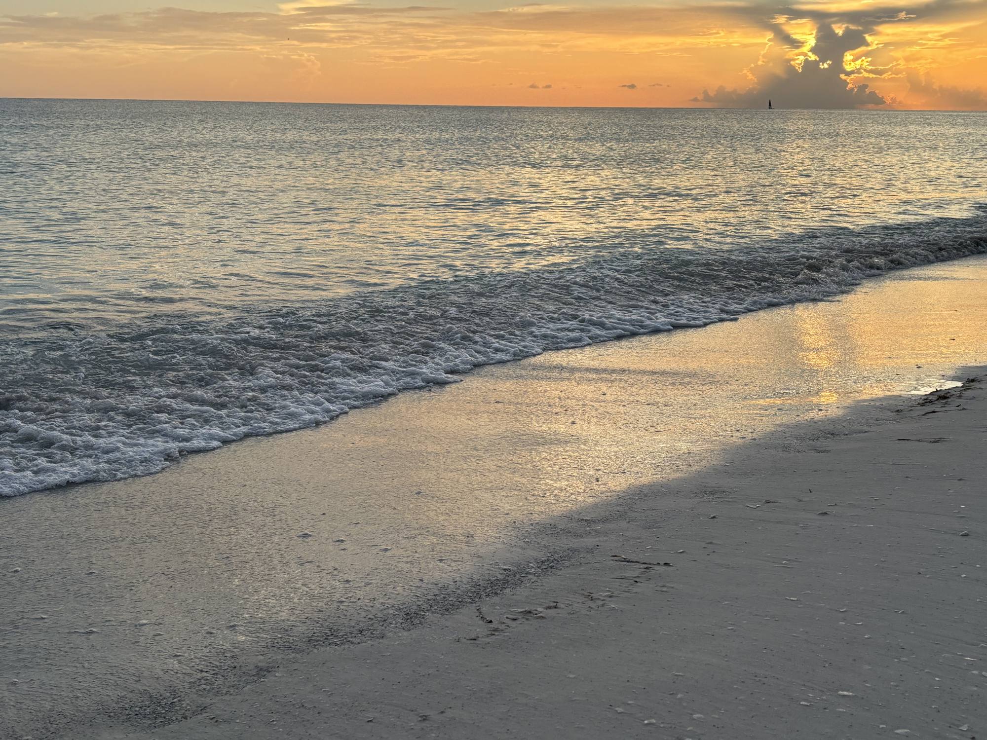Golden sunset light over gentle waves washing onto the beach